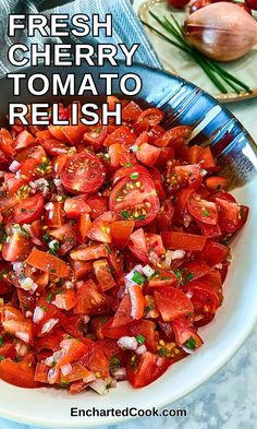 My easy-to-make Cherry Tomato Relish is loaded with fresh flavor and is a perfect condiment and side dish for eggs, chicken, burgers, fish, and sandwiches. Step-by-step instructions are included with the recipe! Vegetarian Salad, Vegetarian Salad Recipes, Fresh Cherry, Tomato Relish, Relish Recipes, Vegetarian Salads, Pickled Veggies, Buffalo Chicken Dip