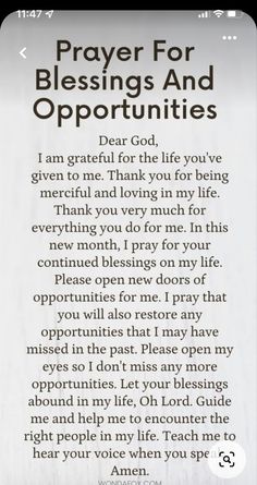 a prayer card with the words, prayer for blessings and opportuniities