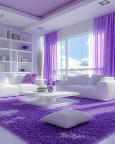 a living room with purple carpet and white furniture in the center, along with bookshelves