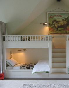 two bunk beds in a room with white walls and carpeted flooring on the ground