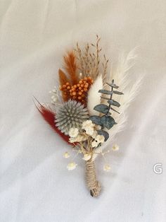 dried flowers and feathers are arranged on a white surface with red, orange, and grey accents