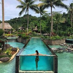 a woman in a swimming pool surrounded by palm trees and other greenery is seen from the water