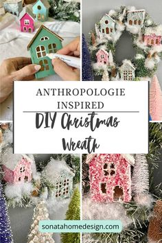 Steps in making an Anthropologie-inspired DIY alpine village Christmas Wreath Diy Anthropologie Christmas Wreath, Anthropologie Wreath Diy, Anthropologie Christmas Diy, Anthropologie Christmas Decor, Anthropologie Christmas Tree, Village Wreath, Diy Anthropologie