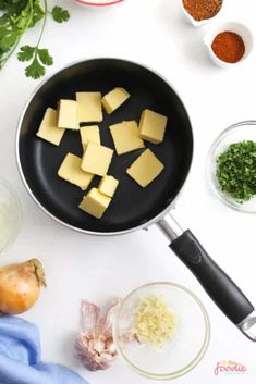 the ingredients to make this dish include cheese, onions and parsley in small bowls