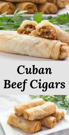 cuban beef cigars on a white plate with cilantro garnishes