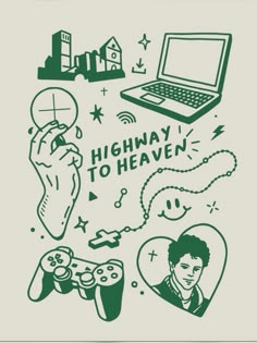 an image of a poster with the words highway to heaven and video game icons surrounding it