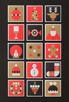 twelve christmas card designs in red and black, each with an ornament on the front