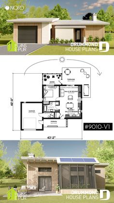 two story house plans with garage and living room in the middle, one bedroom on each floor