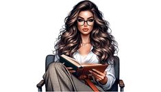 a woman sitting in a chair reading a book with glasses on her face and long hair