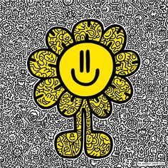 a yellow flower with a smiley face on it's center surrounded by black and white swirls