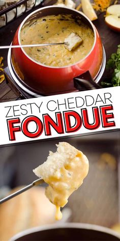 a spoon full of cheesy cheese fondue with the title overlay above it