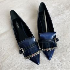 Patent Leather Upper Front Tassels W/ Buckle Details Point Toe 1in Stack Blue Pointed Toe Flats For Formal Occasions, Blue Pointed Toe Flats For Fall, Blue Leather Pointed Toe Flats, Chic Blue Pointed Toe Loafers, Blue Pointed Toe Flats For Office, Flat Color, Nine West Shoes, Nine West, Blue And Silver