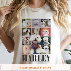 a woman wearing a white t - shirt with pictures of dogs on it