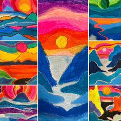 four different colored paintings with mountains and sunsets in the background, each painted by child's hands