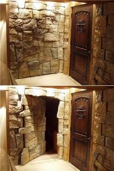 two pictures of an open door in a stone wall