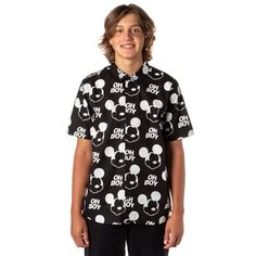 This Disney meets Neff officially licensed Mickey Mouse button-down collared shirt is a timeless classic for Disney fans. This shirt features an allover print design of a Mickey Mouse silhouette face and "Oh Boy" text. This top is made of 100% Cotton with quality in mind. The fabric is soft, lightweight, and breathable, ensuring a comfortable fit all day long. This button-down shirt is versatile and trendy. You can dress it up with chinos for a casual yet refined look, or pair it with jeans or shorts for a relaxed vibe. Whether you're visiting the Happiest Place on Earth or just want to channel a bit of that Disney magic in your everyday life, this shirt is the perfect choice. Size: S.  Color: Black.  Gender: unisex.  Age Group: adult. Black Disney Top For Summer, Summer Casual Mickey Mouse Shirt, Casual Summer Mickey Mouse Shirt, Black Short Sleeve Mickey Mouse Shirt, Casual Mickey Mouse Summer Shirt, Cotton Mickey Mouse Short Sleeve Shirt, Black Mickey Mouse Short Sleeve Shirt, Black Disney Summer Top, Black Disney Cotton Shirt