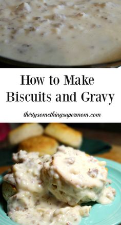 a plate with biscuits and gravy on it next to a bowl of bread