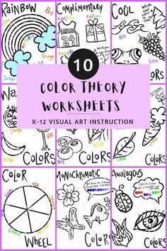 the words color theory worksheets are shown in black and white with pink background