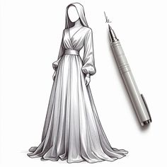 a drawing of a woman in a white dress with a pen on the side and an image of a nun standing next to her