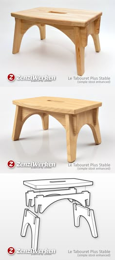 three different types of wooden benches with the names below them and in english, french or japanese