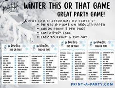 Get your students, party guests, or kids excited about winter with our This or That Winter game. Featuring fun choices about the season of Winter, this is the perfect game for classrooms or parties. Print from home and enjoy instant fun with the easy download! This printable game prints on regular-size paper (8.5" x 11") and prints 2 games per page. Each game measures 5" X 7". Light dotted lines help indicate where to trim. Easy as 1, 2, 3! 1. Purchase and download the PDF file(s) on the compute Christmas This Or That, Christmas Games For Adults Holiday Parties, Christmas Activities For Adults, This Or That Game, Gingerbread Latte, Holiday Games, Activities For Adults, Printable Game, Winter Games