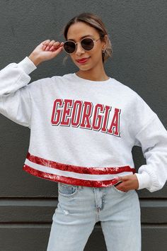 GEORGIA BULLDOGS PASS THE SHINE LONG SLEEVE METALLIC SHIMMER-STRIPE TOP WITH RIBBED NECKLINE AND CUFFS Butler Bulldogs, Houston Cougars, Mississippi State Bulldogs, Texas Tech Red Raiders, Red Raiders, North Carolina Tar Heels, Louisville Cardinals, Wisconsin Badgers, Tar Heels