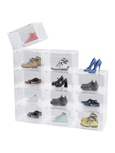 a clear shoe box with twelve pairs of shoes in the bottom and one pair on top