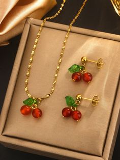 A Set Of 3 Elegant And Cute 18K Gold Plated Stainless Steel Necklace And Earring Set With Red Cherry Design, Suitable For Women To Wear On Dates Or During Summer Daily Life, Or As A Festival Gift For Women Yellow Gold    Stainless Steel     Women Fashion Jewelry, size features are:Bust: ,Length: ,Sleeve Length: Cherry Design, Bohemian Style Jewelry, Star Pendant Necklace, Gold Collar, Women's Jewelry Sets, Red Cherry, Lingerie Accessories, Watches Women Fashion, Necklace And Earring Set