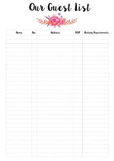 a printable guest list with flowers and leaves