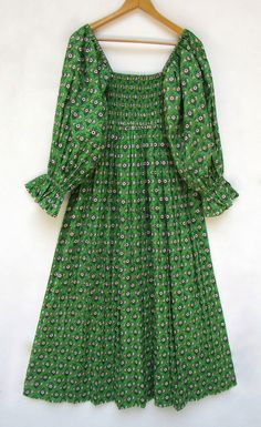 "ITEM DESCRIPTION green Mayur printed cotton long maxi dress - square neckline with smocked boho maxi dress - long sleeve casual wear maxi dress Features: Long sleeve, square neck, Long dress Material: Cotton cambric Fabric: 100% cotton soft light weight ethnic print fabrics  Sleeve Length = 22 inch For more sizes & their measurement, please refer our below chart to understand the sizes variations available with us For your size requirement, please mention your size in seller note at the time of Casual Long Dresses, Long Sleeve Boho Dress, Green Maxi Dress, Girls Maxi Dresses, Nature Green, Long Dress Casual, Ethnic Print, Sleeve Maxi Dress, Green Flower