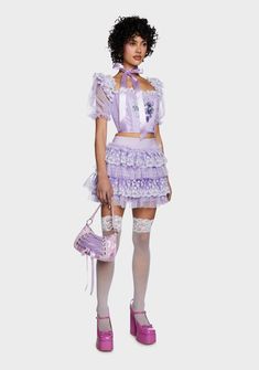 Sugar Thrillz Ruffled Tiered Mini Skirt - Purple – Dolls Kill Seduce Me, Sugar Thrillz, Puffy Sleeves, Stretch Satin, Ruffle Skirt, Kawaii Fashion, Dolls Kill