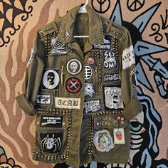 Message Me And I'll Sell Through Paypal For Cheaper!! -Handmade By Me -Unisex Small -2 Zipper Chest Pockets -2 Pouch Pockets With Button Flap Enclosures -Hand Painted Patches Done By Me Along With Patches Purchased From Various Sellers -All Patches Hand Sewn -Screw On Spikes On Shoulder Flaps -Prong Back Brass Studs On Front Of Jacket -Hand Embroidery On Pocket Flap -Suicide Machines Enamel Pin On Lapel -4 Surprise Pin Back Buttons Included With Purchase Punk Jacket Patches, Punk Patches Ideas, Crust Jacket, Patches On Jacket, Spiked Jacket, Painted Patches, Hunter Jacket, Pokemon Guzma, Hand Painted Jacket