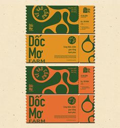 three tickets for doc mo farm with the words doc mo farm written in orange, green and yellow