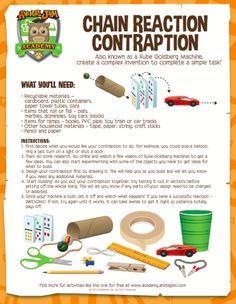 an advertisement for chain reaction contraption with instructions on how to use it and what you need