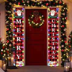 a red door decorated with christmas decorations and lights