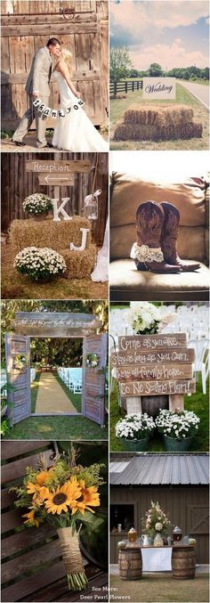 several pictures of different types of flowers and hay bales with the words country wedding written on them