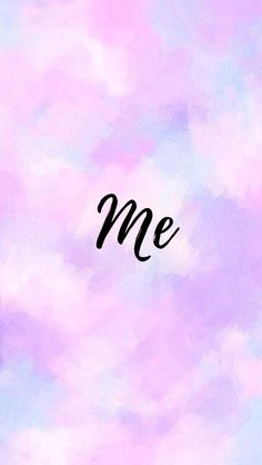 the word me is written in black ink on a pastel pink and blue background