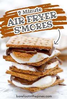 three ice cream sandwiches stacked on top of each other with text overlay reading 2 minute air fryer s'mores