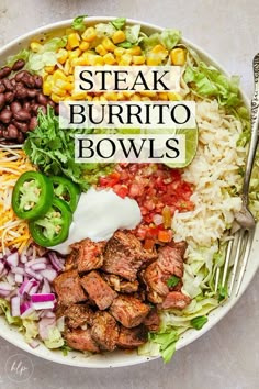 steak burrito bowls on a white plate with text overlay