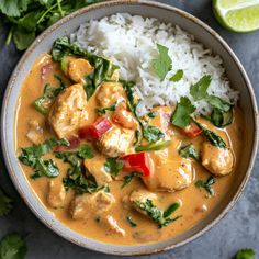 a bowl filled with rice, chicken and spinach on top of a gray surface