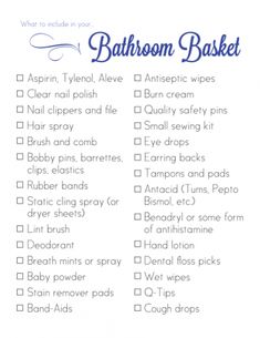 the bathroom basket checklist is shown in blue and white, with text overlaying it