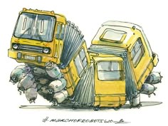 a drawing of a yellow truck with its doors open and the front end partially down