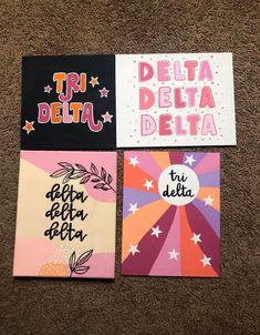 three different greeting cards with the words, delta delta and delta delta written on them