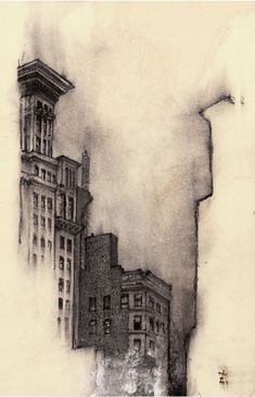 a drawing of a building in the fog