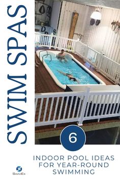 an indoor swimming pool with steps leading to it and the words, six pools for year - round swimming