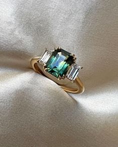 Green Sapphire trilogy engagement ring with 18k gold band Heirloom Ring, Art Deco Jewellery, Ring Stacks, Trilogy Engagement Ring, Heirloom Rings, Green Sapphire Engagement