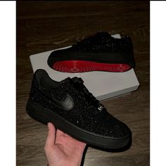 Black Glitter Red Bottom Af1s Brand New, Never Worn Or Tried On And Comes In Original Box. Customized By Wavycreations.Com. Retails For $233. Size 6.5y Red Bottom Shoes Women, Jessi Outfits, Red Bottoms Sneakers, Red Bottoms Shoes, Quinceanera Shoes, Red And Black Shoes, Black Air Force 1, Red Quinceanera Dresses, Red Bottom Shoes