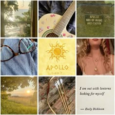 a collage of photos with words and pictures on them, including an acoustic guitar