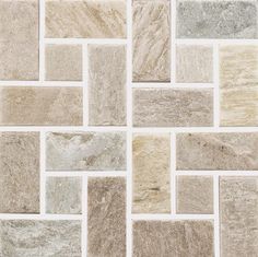 a wall made up of different types of stone tiles in various colors and sizes, including beige