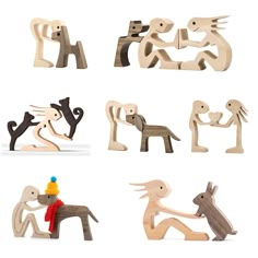 several wooden toys are shown in different positions and sizes, including one with an animal on it